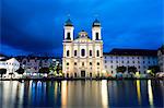 Europe, Switzerland, Lucerne, waterfront old town on the Reuss River, Jesuit church