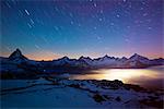 Europe, Valais, Swiss Alps, Switzerland, Zermatt, The Matterhorn (4478m) and town lights