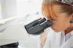 Close up of female scientist looking through a microscope  in a laboratory