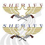 Abstract badge with wings, labeled "sheriff" and antique pistols. Illustration on white background.