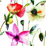 Seamless wallpaper with wild flowers, watercolor illustration