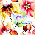 Seamless pattern with Decorative flowers, watercolor illustration