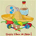 Cinco de mayo hand drawn cartoon illustration of a greeting card composition with mexican traditional elements oven a grungy background