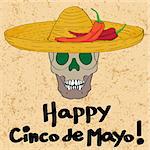 Cinco de mayo hand drawn cartoon illustration of a greeting card with a funny skull with sombrero hat and peppers oven a grungy background