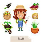 Female Farmer Icons Set. In the EPS file, each element is grouped separately. Isolated on white background. JPG with paths.