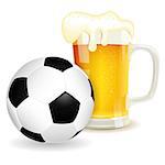 Soccer Poster with Ball and Glass of Beer, vector isolated on white background