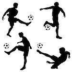 Set of Silhouettes of Soccer Players in various Poses with the Ball, vector isolated on white background
