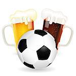 Soccer Poster with Ball and Glasses of Beer, vector isolated on white