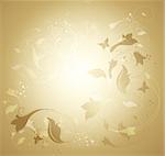 Floral Golden Background With Ornate And Butterflies