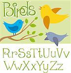 Vector card with birds and alphabet letters