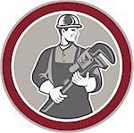 Illustration of a plumber holding a giant monkey wrench set inside circle facing front done in retro woodcut style on isolated background.