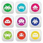 Vector colorful set of pixelated space invaders on circle isolated on white