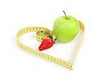 green apple and strawberry with a measuring tape and heart symbol isolated on white background