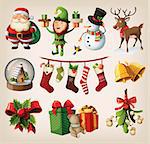 Set of colorful christmas characters and decorations. Vector