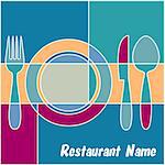 Colorful retro restaurant menu with cutlery and plate