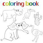 Set of animals for coloring book with rhino, toucan, elephant and ostrich, and prickly cactus, cartoon vector illustration