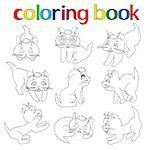 Set of nine playful kittens for coloring book, cartoon vector illustration