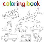 Set of various toys for coloring book with helicopter, airplane, doll, elephant, car, lorry, locomotive and puppy, cartoon vector illustration