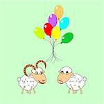 A funny cartoon sheep and ram with many colorful balloons. Design Birthday card. Vector-art illustration on a white background