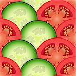 Sliced tomato and cucumber vegetables. Design seamless colorful pattern. Vector art. EPS10