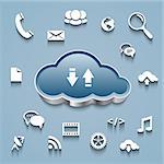 Cloud computing concept: Cloud and communication and network flat design icons on blue background. Vector illustration