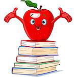 Red apple character on pile of books