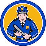 Illustration of a policeman police officer with night stick baton facing front set inside circle on isolated background done in cartoon style.