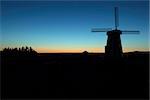 Silhouette of Windmill with Mt Hood in the Distance at Tulip Field in Woodburn Oregon During Sunrise