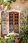 Detail of old vintage wooden window with wild roses and plants, Provence, France