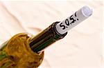 wine bottle with a note in the sand on the beach