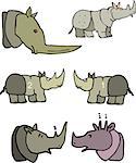 Funny rhinos. Set of vector illustrations in cartoon style.