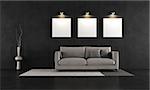 Black concrete room with modern couch and three blank canvas - rendering