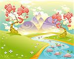 Mythological landscape with river. Cartoon and vector illustration.