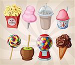 A collection of fair drinks and sweets. Vector