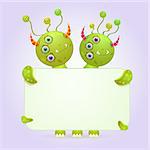 Two Headed Green Monster Holding Empty White Paper Sheet. Vector Illustration