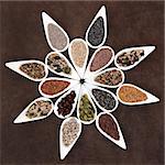 Large seed food selection in porcelain dishes over lokta paper background.