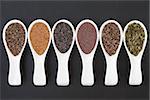 Seed food selection in porcelain scoops over slate background.