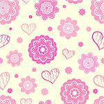 Romantic seamless pattern (tiling). Vector illustration for feminine design. Pink and yellow colors. Endless texture for printing onto fabric, paper or scrap booking. Heart and abstract flower shapes.