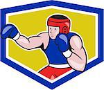 Illustration of an amateur boxer wearing head gear and boxing gloves jabbing punching viewed from side set inside crest shield done in cartoon style on isolated background.