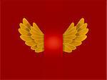 gold wings fly on red background