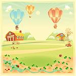 Funny landscape with farm and hot air baloons. Vector cartoon illustration