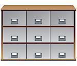 Drawer organizer with drawers and labels on the handles. Vector illustration.