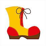 red and yellow big shoe with brown high sole and significant seams