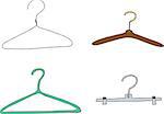 Plastic, metal and wooden clothes hangers over white background