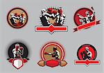 Set of six different vector boxing icons or emblems showing a single boxer fighting, two boxers sparring and a champion with raised arms, some with shields and banners
