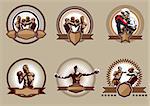 Set of six different vector combative sport icons or emblems showing a single boxer fighting, two boxers sparring and a champion with raised arms, some with shields and banners