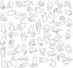 Vector illustration line art pack of man hands in various gestures.