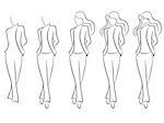 Sequence of hand drawing creation a beautiful female vector contour with five steps. Model of each stage can be used as a self-contained image