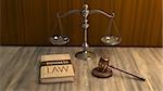 Illustration of legal attributes: gavel, scale and business law book on the table