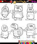 Coloring Book or Page Cartoon Illustration Set of Black and White Cute Pets Animals Characters for Children